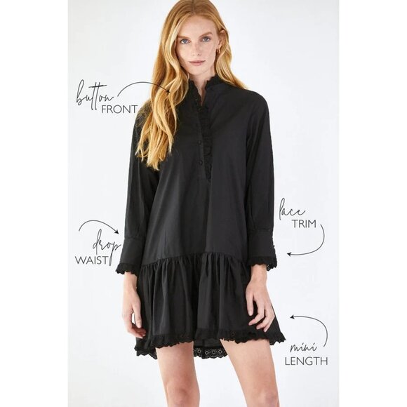 NWT Hunter Bell Carter in Black Lace Trim Cotton Poplin Mini Shirt Dress S - Picture 8 of 8